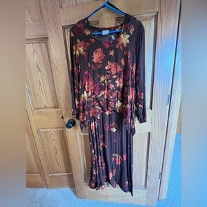 Floral Brown Dress Size 14 Sheath with Overblouse Rabbit Rabbit Rayon